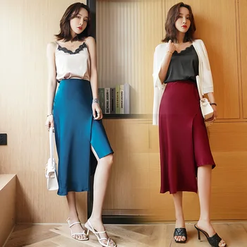 Kórejský Ťažký Hodváb Sukne Dámske Žien Nepravidelná Saténové Sukne Ženy Vysoký Pás Hodváb Sukne Dámy Tuhé Split Sukne Plus Veľkosť XL