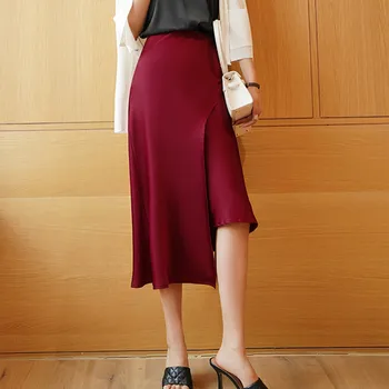 Kórejský Ťažký Hodváb Sukne Dámske Žien Nepravidelná Saténové Sukne Ženy Vysoký Pás Hodváb Sukne Dámy Tuhé Split Sukne Plus Veľkosť XL
