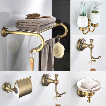 Kúpeľňa hardware set Antique Brass Vyrezávané sprchovací šampón kôš na stenu uterák rack papier, držiak, kúpeľňové Doplnky nastaviť