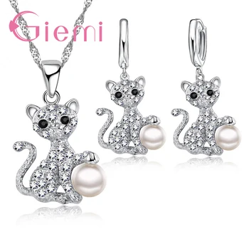 Kúzlo Zvierat Mačka Pearl Tvar Šperky Set Pre Ženy 925 Sterling Silver Príslušenstvo Prívesok, Náušnice, Náhrdelník Strany Darček