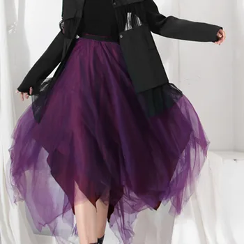 LANMREM 2021 jeseň fashion Nový dizajn s vysokým pásom elegantné asymetrický multi-vrstva oka, fialová polovici teľa sukne pre ženy 2A810