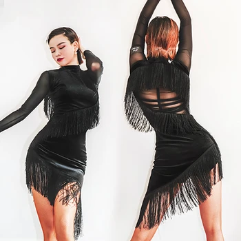Latinské Tanečné Šaty pre Ženy Black Strapec Velvet Vestido De Mujer Latina Tanečné Nosiť Spoločenský Tanec Black Lemovaný Sexy Šaty