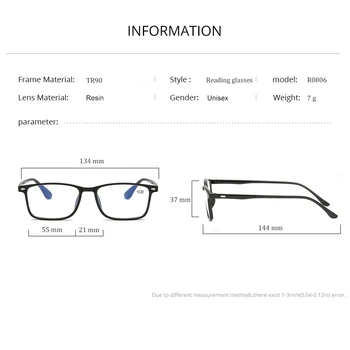 (Len 7 g) Ultra-Light TR90 Unisex Námestie Okuliare na Čítanie ,Darček Pre Rodičov Presbyopia Predpis Ďalekozrakosť Okuliare R0806