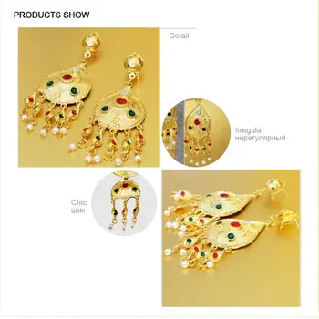 LEN CÍTIŤ Etiópskej Šperky Nastaviť Farebné Waterdrop Zlatá Farba Korálky Náhrdelník Simulované Pearl Strapec Náušnice Afriky Dubaj Dary