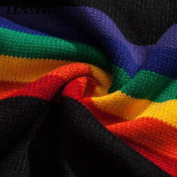 LENSTID 2019 Jeseň High Street Rainbow Pruhovaný Sveter Streetwear Mužov Hip Hop Pletený Sveter Pulóver Kockovaná Harajuku Topy