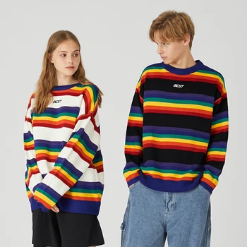 LENSTID 2019 Jeseň High Street Rainbow Pruhovaný Sveter Streetwear Mužov Hip Hop Pletený Sveter Pulóver Kockovaná Harajuku Topy
