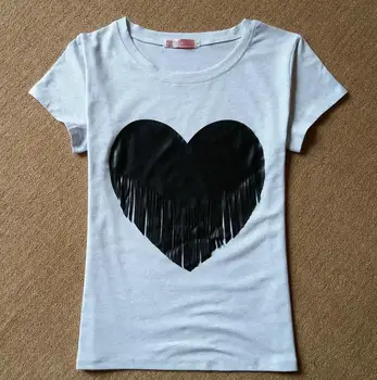 Letné Dámske T ShirtsTassel Srdce Štýlový T-Shirt Topy Bežné Tee Tričko Femme Camisetas Mujer čierna sivá