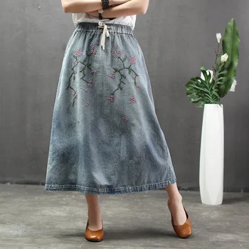Letné národnej štýle retro výšivky práškového umyté ženy denim sukne ženy elastický pás veľké veľkosť sukne dlhé dievča