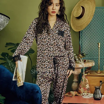 Letné Sexy Leopard Pyžamo Sady pre Ženy, Krátky Dlhý Rukáv Šortky Čipky tvaru Voľné Žena Sleepwear kórejská Verzia Plavky