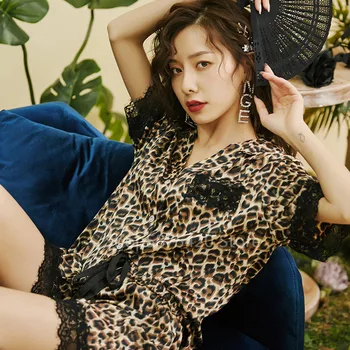 Letné Sexy Leopard Pyžamo Sady pre Ženy, Krátky Dlhý Rukáv Šortky Čipky tvaru Voľné Žena Sleepwear kórejská Verzia Plavky