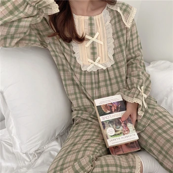 Lolita princezná pyžamo nastaviť ženy voľné lacework motýlik koberčeky domov vyhovovali dlhý rukáv top nohavice 2 ks oblečenie pre voľný čas ružová zelená Y195