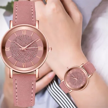 Luxusné lady sledujte Romantickú oblohe sledovať Crystal kožené hodinky Quartz Hodinky Nerezová Oceľ Ciferník Bežné Bracele Sledovať zegarek 2020