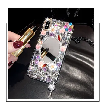 Make-up Zrkadlo Kvety DIY Diamond Bling Capa púzdra Pre iPhone XS Max XR X 8 7 6 6 Plus 12 mini 11 Pro MAX Crystal Coque Dievčatá