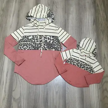 Mama a ja oblečenie baby dievčatá leopard tlač 3 diely s kapucňou, mama a dcéra bavlna prúžok oblečenie