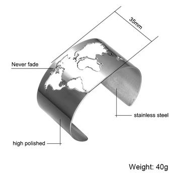 Mapa sveta Cut-out Putá Náramok Náramok Cestovné Pokoj, Šperky z Nerezovej Ocele 35mm Široké Laserové Gravírovanie Jemné Leštené Kruhu Uhol