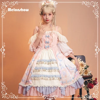 Melonshow Viktoriánskej Sladké Lolita Soft Plus Veľkosť Ružová OP Sukne Vintage Šaty Tlač Kawaii Dievčatá Loli Roztomilý Princezná Šaty