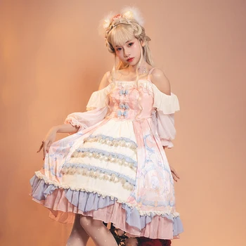 Melonshow Viktoriánskej Sladké Lolita Soft Plus Veľkosť Ružová OP Sukne Vintage Šaty Tlač Kawaii Dievčatá Loli Roztomilý Princezná Šaty