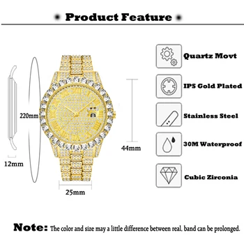 MISSFOX Luxusné Mužov Sledovať celú Bling Gold 18K Spevnené Veľký Diamant Ľadový Von Pánske Hodinky Vodotesné Kalendár Ocele Muž hodiny Hodiny