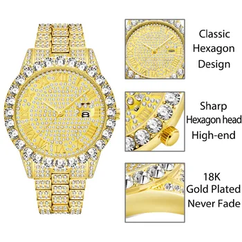 MISSFOX Luxusné Mužov Sledovať celú Bling Gold 18K Spevnené Veľký Diamant Ľadový Von Pánske Hodinky Vodotesné Kalendár Ocele Muž hodiny Hodiny