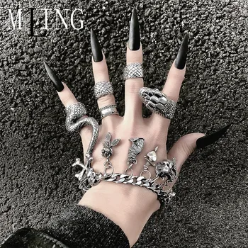 MLING 4 Ks/Set Vintage Zliatiny Zvieracie Krúžky Nastaviť Gotický Metal Had Geometrické Prstene pre Ženy