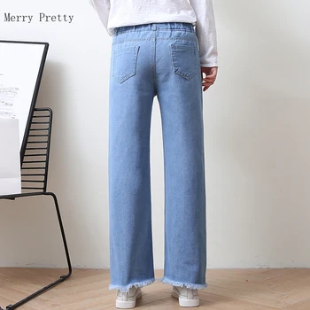Modrá Pevné širokú nohu, nohavice elastické Umyté Bežné Denim Džínsy Žena 2021 jar Minimalistický kórejský Dámy vrecku Nohavíc