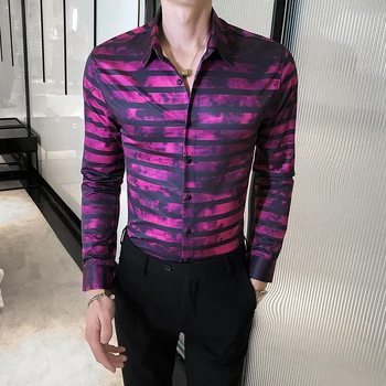 Muži Kórejský Pruhované Tričko Ázijské Veľkosť Dlho Puzdre Slim Fit Blusa Masculina Inverno Business Prom Mens Vytlačené Košele Streetwear