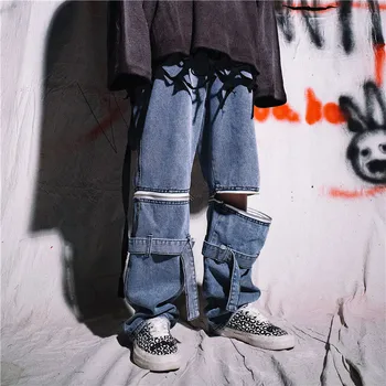 Muži Vymeniteľné Zip Nohavice Bežné Rovné Denim Pant Muž Streetwear Hip Hop Vintage Módy Voľné Širokú Nohu, Džínsy, Nohavice