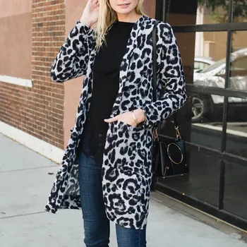 Móda Jeseň Zima Ženy Otvoriť Predné Cardigan Leopard Vytlačené Bežné Dlhé Rukávy, Vrecká Kimono Halena Voľné Kabát vrchné oblečenie#g3