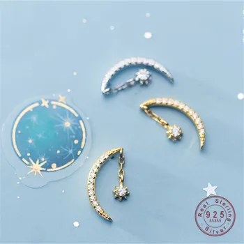 Móda kórejský 925 Sterling Silver Star Mesiac Stud Náušnice pre Ženy, Striebra, Zlata, Vykladané Kryštálmi Zirconia Polmesiaca Šperky