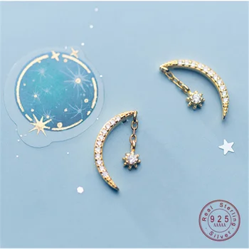 Móda kórejský 925 Sterling Silver Star Mesiac Stud Náušnice pre Ženy, Striebra, Zlata, Vykladané Kryštálmi Zirconia Polmesiaca Šperky