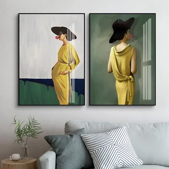 Móda Ženy v Žltých Šatách Zelené Pozadie Plátno na Maľovanie na Stenu Umenie Obrázky, Plagáty Výtlačky pre Spálne Domáce Dekorácie