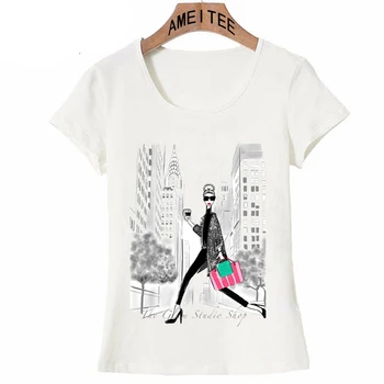 Módy v New Yorku ako kulisu šálku horúcej kávy dizajn Ženy T-Shirt Vintage Print T Shirt Príležitostné Letné Topy Roztomilý Dievča Tees