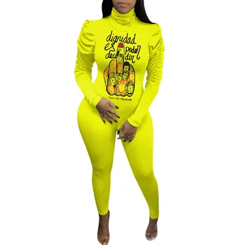 Neon Žltá List Tlač Remienky Dámske Jumpsuit Jeseň Oblečenie 2021 Elegantné Vysokým Hrdlom Skladaný Dlhý Rukáv Bodycon Kombinézach