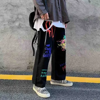 NiceMix Mužov Bežné Dlhé nohavice páry kórejský high street graffiti tlač priamo elastický pás trakmi, Vysoký Pás Nohavice