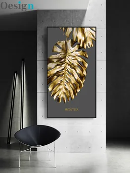 Nordic Zlaté abstraktné list kvet Wall Art Plátno na Maľovanie Čierne biele perie, Tlač Plagátu na Stenu Obrázok pre Obývacia Izba Dekor