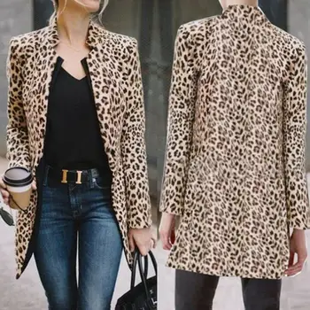 Nové Leopard Sako Ženy Dlhý Rukáv Saka Cardigan Topy Leopard Tlač Kabát Obleku Pani Móda Outwear Dlhá Srsť