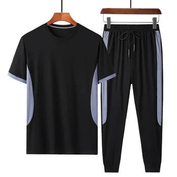Nové Letné bambusu bavlna spojov pánske, krátky rukáv T-shirt príležitostné športové vyhovovali pánskej módy dve kus voľné nohavice oblek