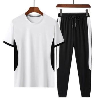 Nové Letné bambusu bavlna spojov pánske, krátky rukáv T-shirt príležitostné športové vyhovovali pánskej módy dve kus voľné nohavice oblek
