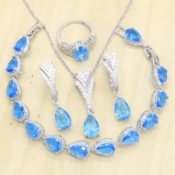 Nové Modely 925 Silver Šperky Sady Pre Ženy Modrá Semi-drahé Kamene Krúžok Náušnice, Prívesok, Náramok, Náhrdelník Svadobný Dar