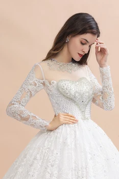 Nové Modely Reálnych Dlhé Svadobné Šaty Crystal Korálky Čipky O Krk Svadobné Šaty Vestido De Noiva Mariage Svadobné Šaty Luxusné