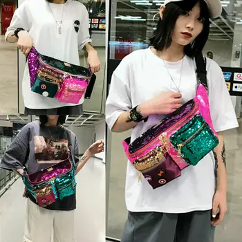 Nové módne veľkú kapacitu pás taška žien fanny pack sequin kože hrudníka taška na voľný čas cestovanie pochete
