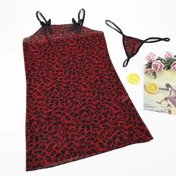 Nové nightdress 2020 Sexy Ženy, Lúk Leopard Tlač Čipkou Trim Bielizeň Babydoll Mini Šaty + G-String #3