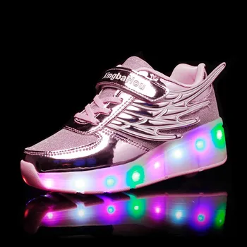 Nové Ružové Zlato Lacné Dieťa Fashion Dievčatá Chlapci LED Svetlo Valca Skate Topánky Pre Deti detský Tenisky S Kolesami Jeden kolesá