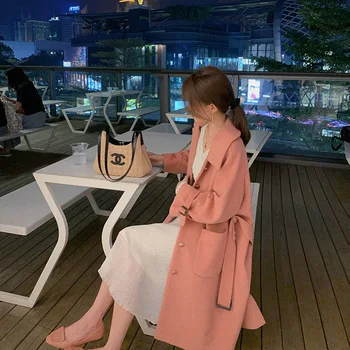 Nové Vlnené Kabát Žien Dlhej Časti 2020 Jeseň kórejský Voľné Ružová Vlnené Kabát Temperament Sweet Lady Rovno Kabát