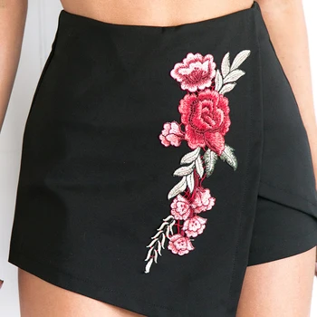 Nové Ženské Black Fashion Street Style Žien Bežné Krátke Sukne Vysoký Pás Kvety Výšivky Spájať Mini Sukne Kvetinový A-line