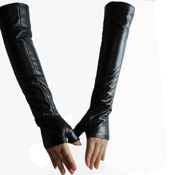 Nový Ženy Dlhé Kožené Rukavice Black Fashion Ovčej Velvet Hodváb Podšívka pol prsta rukavice Jeseň a v zime