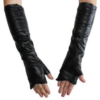Nový Ženy Dlhé Kožené Rukavice Black Fashion Ovčej Velvet Hodváb Podšívka pol prsta rukavice Jeseň a v zime