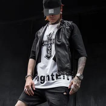 Nočný klub DJ, spevák nit punk rock faux kožené vesta slim fit fáze kostým mužov harajuku hip hop kožený plášť bez rukávov