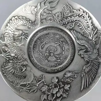 Nádherné Staré Čínske Zdobené Handwork Tibetského Striebra Dragon Phoenix Doska