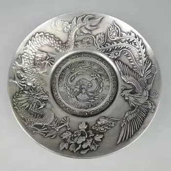 Nádherné Staré Čínske Zdobené Handwork Tibetského Striebra Dragon Phoenix Doska